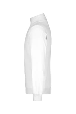 A white round-neck zip jumper featuring long sleeves and a fitted design. It includes branding on the garment.