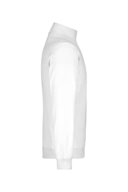 A white round-neck zip jumper with long sleeves displayed from the side. It features a branding logo.