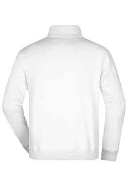 A white round-neck zip jumper with a smooth back design, featuring a logo.