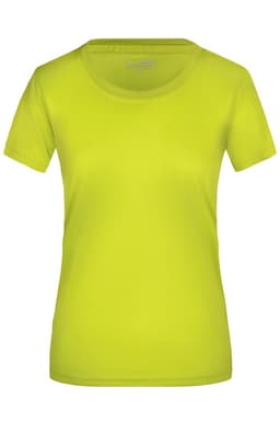 A women's short-sleeve T-shirt in bright yellow with a round neckline and a logo.