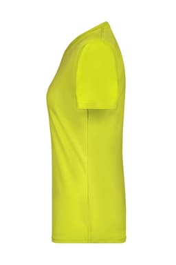 A side view of a ladies' T-shirt in bright yellow, featuring a crew neck and short sleeves. It has a logo.