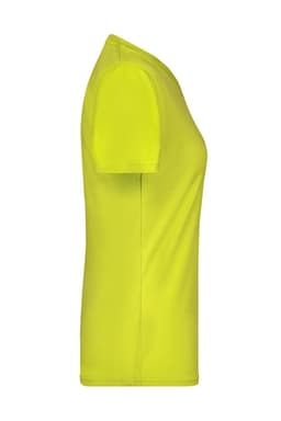 A bright yellow ladies' t-shirt with short sleeves, featuring a fitted silhouette and a logo on the front.