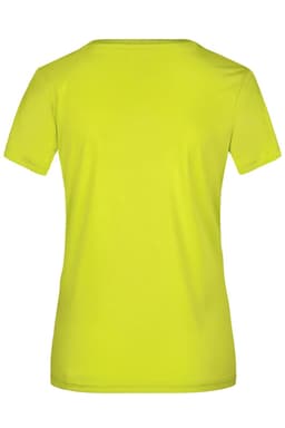 A bright yellow ladies' active T-shirt with a crew neckline and short sleeves, featuring a logo.