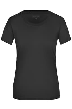 A black ladies' active T-shirt featuring a classic crew neckline and short sleeves. It includes a brand logo.