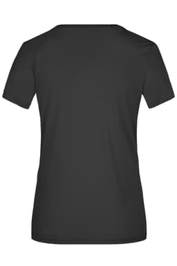 A black ladies' active T-shirt with a standard fit and short sleeves. It features a logo on the back.