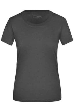 A fitted ladies T-shirt in dark grey with a round neckline. It features a branding logo.