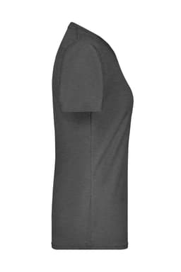 A side view of a grey ladies t-shirt with a fitted design and short sleeves. It features a branding logo.