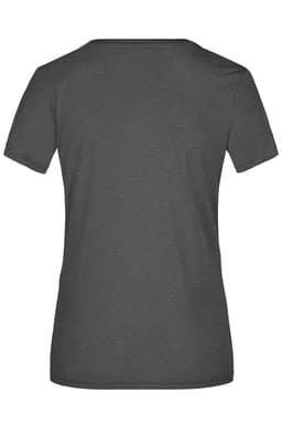 A grey T-shirt with a crew neck and short sleeves, featuring a logo on the back.
