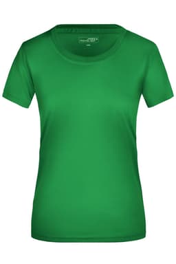 A green ladies' T-shirt with a classic round neck and short sleeves, featuring a logo.