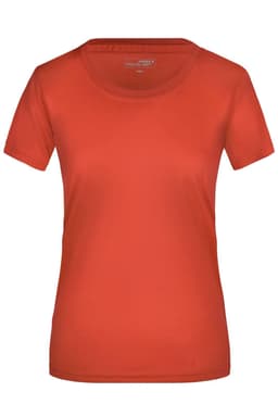 A red Ladies Active-T shirt with a round neckline and short sleeves. It has a logo on it.