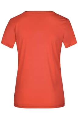 A red ladies' T-shirt featuring a fitted design and short sleeves. The shirt has a logo on the back.