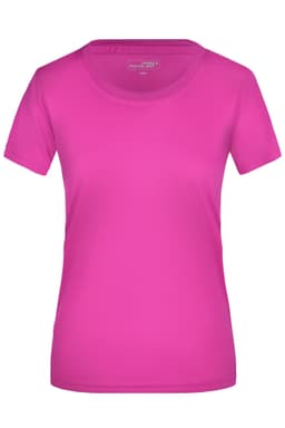 A pink ladies T-shirt with a round neckline and short sleeves, featuring a logo on the neckline.