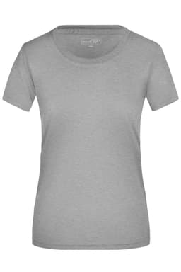 A grey ladies' T-shirt with a round neckline and short sleeves, featuring a logo.