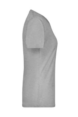 A grey ladies' T-shirt featuring a slim side profile. The shirt has a logo on it.