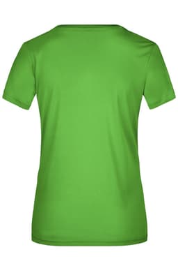 A green ladies' t-shirt with short sleeves and a round neck. The shirt has a branding logo on the back.