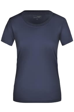 A navy blue Ladies Active-T shirt with a round neckline and short sleeves, featuring a logo on the label.