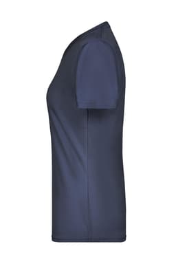 A navy blue ladies' active t-shirt featuring short sleeves and a fitted side view. It has a logo on the garment.