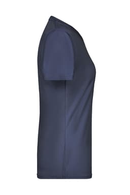 A navy ladies' active T-shirt with short sleeves and a fitted design. It features a logo on the side.