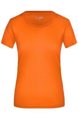 An orange women's T-shirt with a round neckline and short sleeves, featuring a logo.