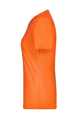 A vibrant orange ladies' active T-shirt with short sleeves and a fitted design. The shirt features a logo.