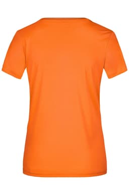 An orange ladies' T-shirt with short sleeves and a round neckline, featuring a logo on the back.