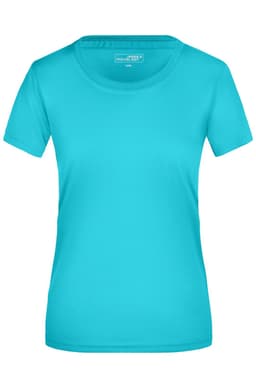 A turquoise ladies' T-shirt with a round neckline and short sleeves. It features a logo on the label.