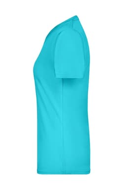 A side view of a turquoise ladies T-shirt with short sleeves and a simple design, featuring a logo.