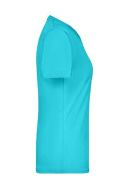 A turquoise ladies' T-shirt with short sleeves, featuring a simple design and a logo on the front.