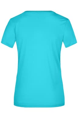 A turquoise ladies' T-shirt with a short sleeve and a plain back view, featuring a logo.