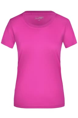 A pink ladies' active T-shirt with a round neck and short sleeves, featuring a logo.