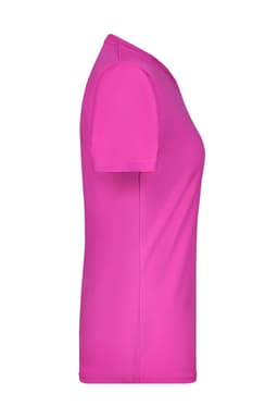 A side view of a ladies T-shirt in bright pink, featuring a fitted design and short sleeves.