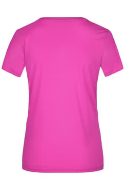 A pink ladies active T-shirt featuring short sleeves and a plain back, including a logo.