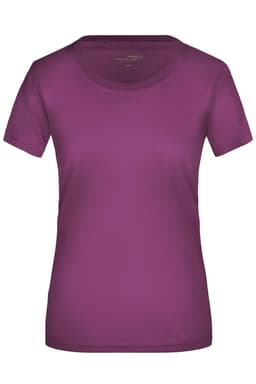 A purple ladies active T-shirt with a round neckline and short sleeves, featuring a logo.