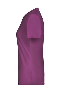 A purple women's active T-shirt with short sleeves and a fitted design. It features a logo on the fabric.