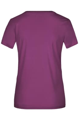 A purple ladies' T-shirt with a short sleeve design and a plain back. It features a logo.