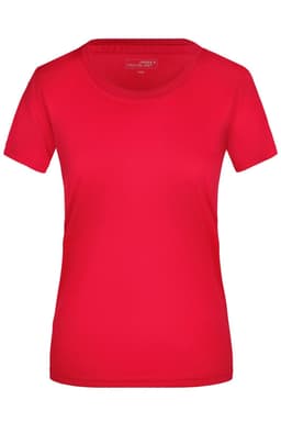 A red women's t-shirt with a round neck and short sleeves. It features a logo on the label.