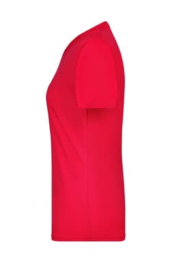 A red Ladies Active-T in a side view, featuring a simple design and a fitted silhouette. It has a logo on the fabric.