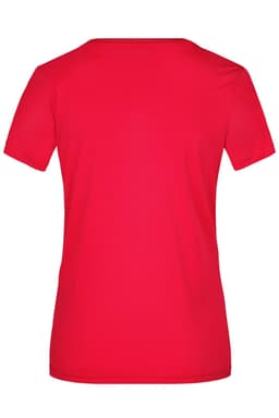 A red ladies' active T-shirt with a round neckline and short sleeves. It features a logo on the back.