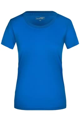 A blue ladies T-shirt with a round neckline and short sleeves. It features a logo on the label.