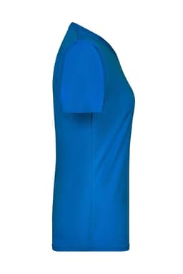 A blue ladies' active T-shirt displayed from the side, featuring a fitted design and short sleeves.
