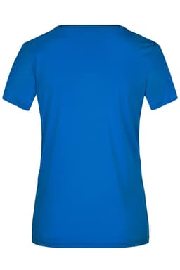 A blue short-sleeved women's T-shirt with a smooth finish and a branding logo on the back.