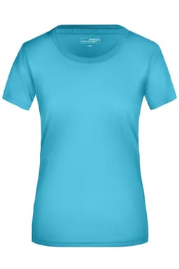 A turquoise women's T-shirt with a round neckline and short sleeves, featuring a logo. 
