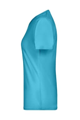 A side view of a ladies' active t-shirt in bright turquoise, featuring a smooth design and fitted shape.