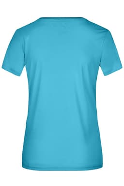 A turquoise ladies active t-shirt with a simple design and a logo on the back.