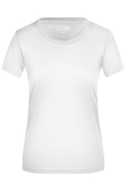 A white ladies' active T-shirt with a round neckline and short sleeves, featuring a logo.