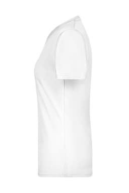 A white T-shirt with short sleeves and a fitted design, featuring a logo on the side.