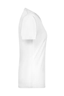A white ladies' active T-shirt displayed from the side, featuring a fitted design and a logo.