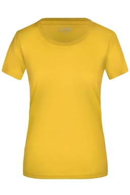 A yellow women's T-shirt with a round neckline and short sleeves, featuring a small logo.