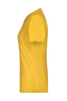 A yellow ladies' T-shirt featuring a fitted design and short sleeves, with a logo on the side.