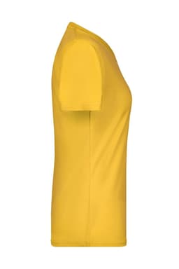 A yellow women's T-shirt with short sleeves featuring a logo. Side view showcasing its fit.